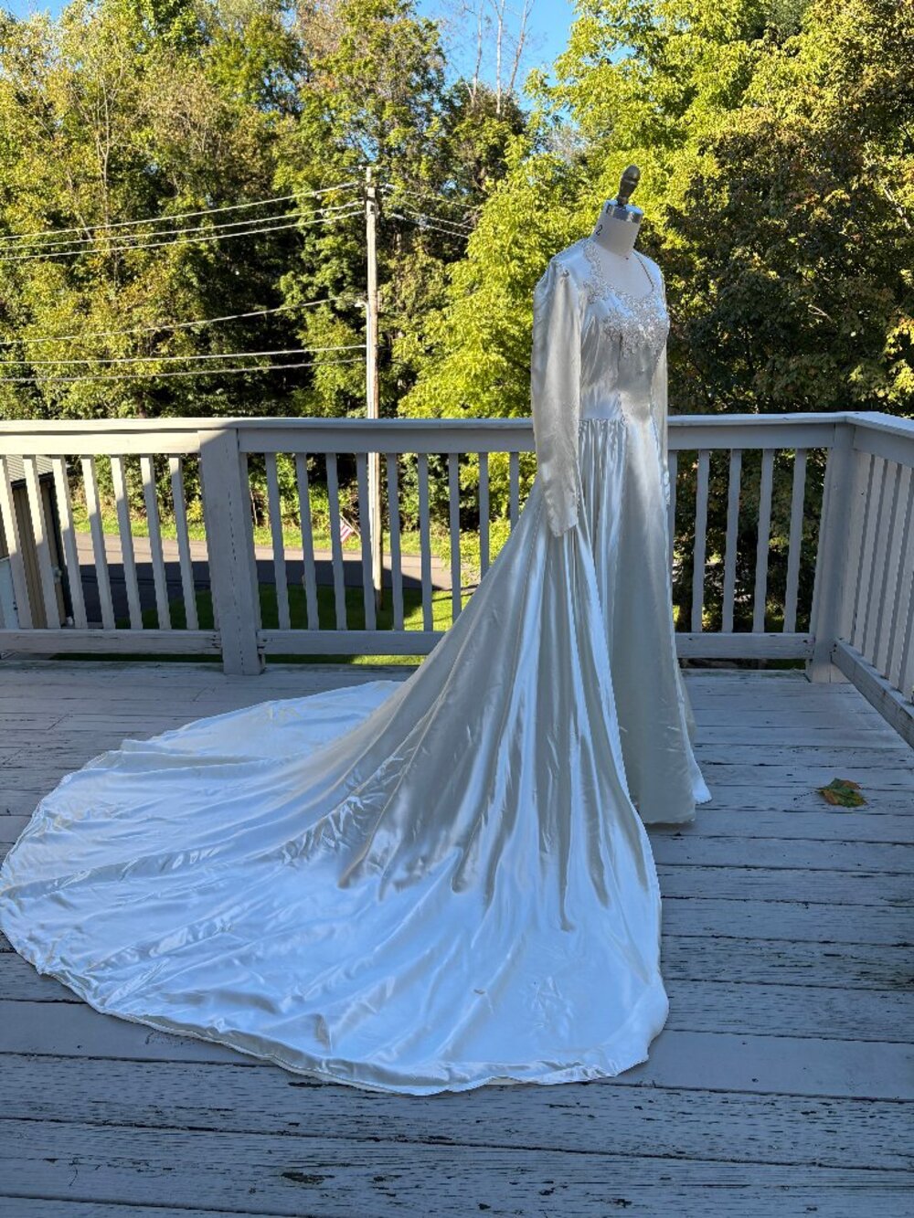 True Vintage 1940s 50s Satin Beaded Wedding Gown Dress Ivory Long Train Princess